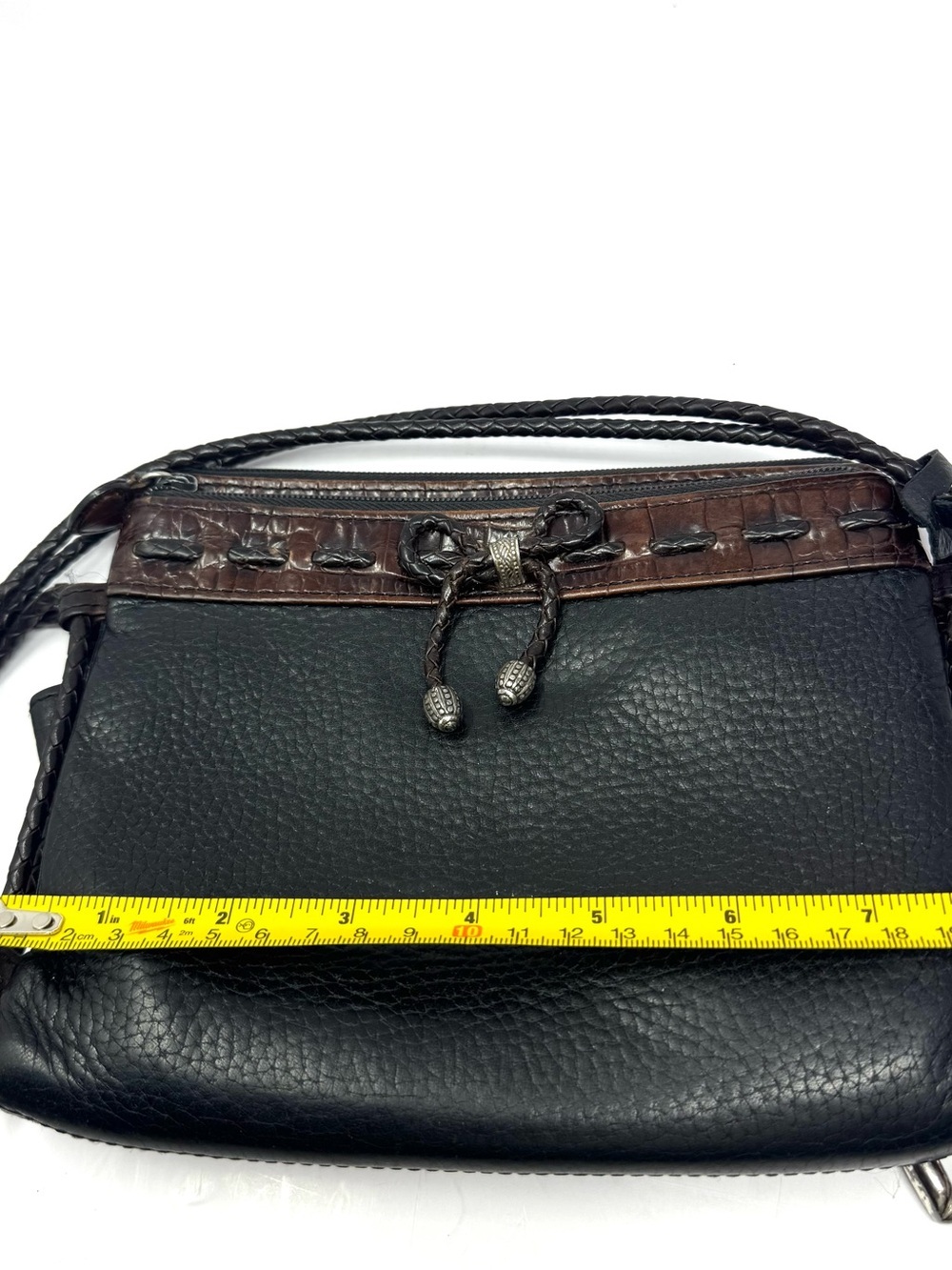 Vintage Brighton Black Brown Leather Crossbody Purse Silver Heart Charm - Picture 14 of 14